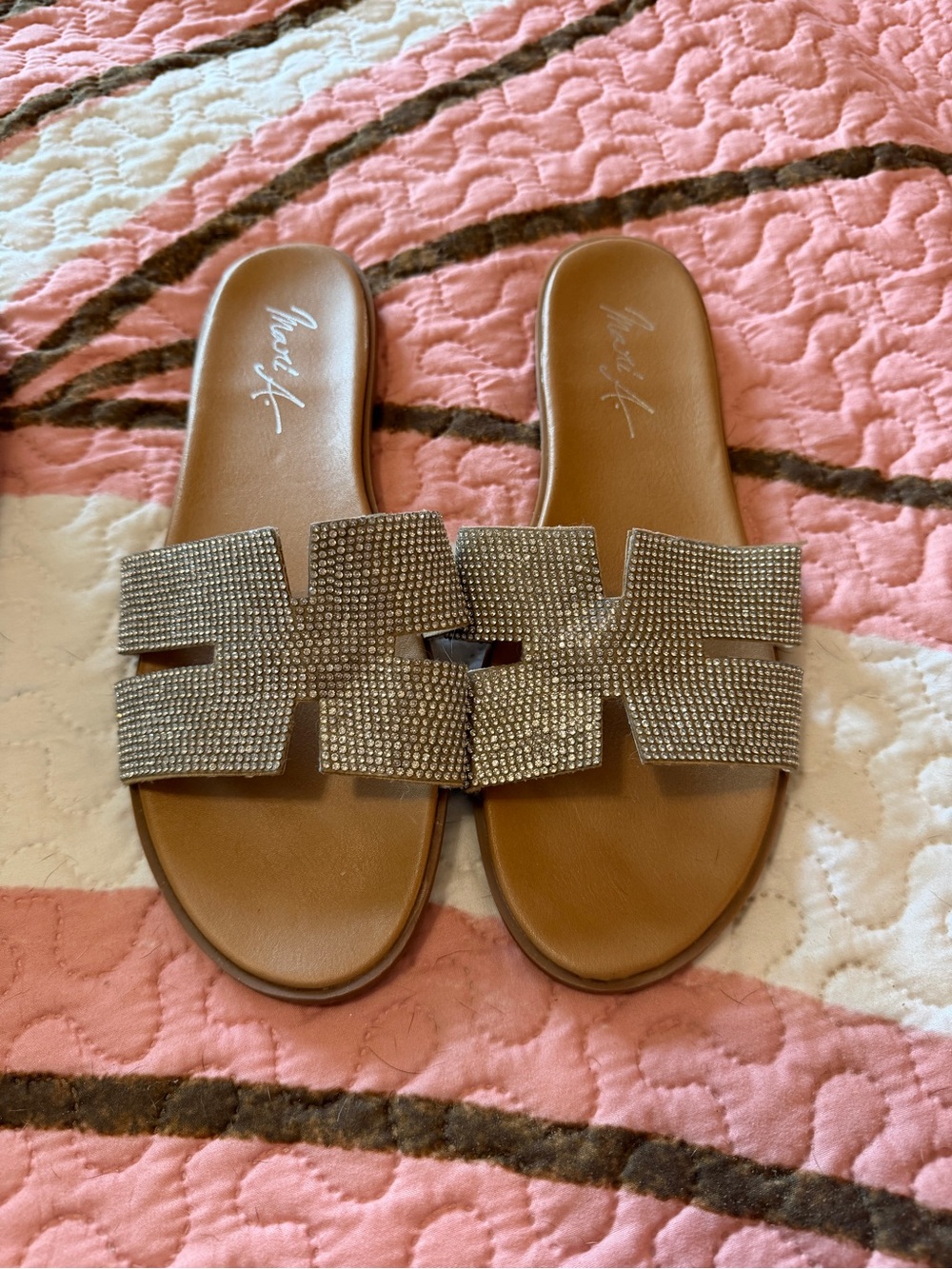 Unbranded Women's Tan Slide Sandals with Crystal-Embellished Straps
